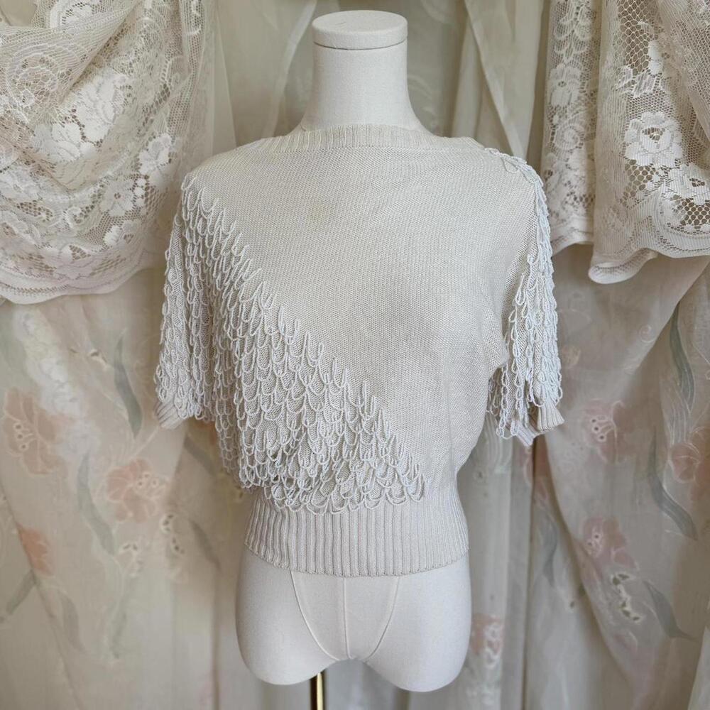 80s white beaded fringe short sleeve sweater